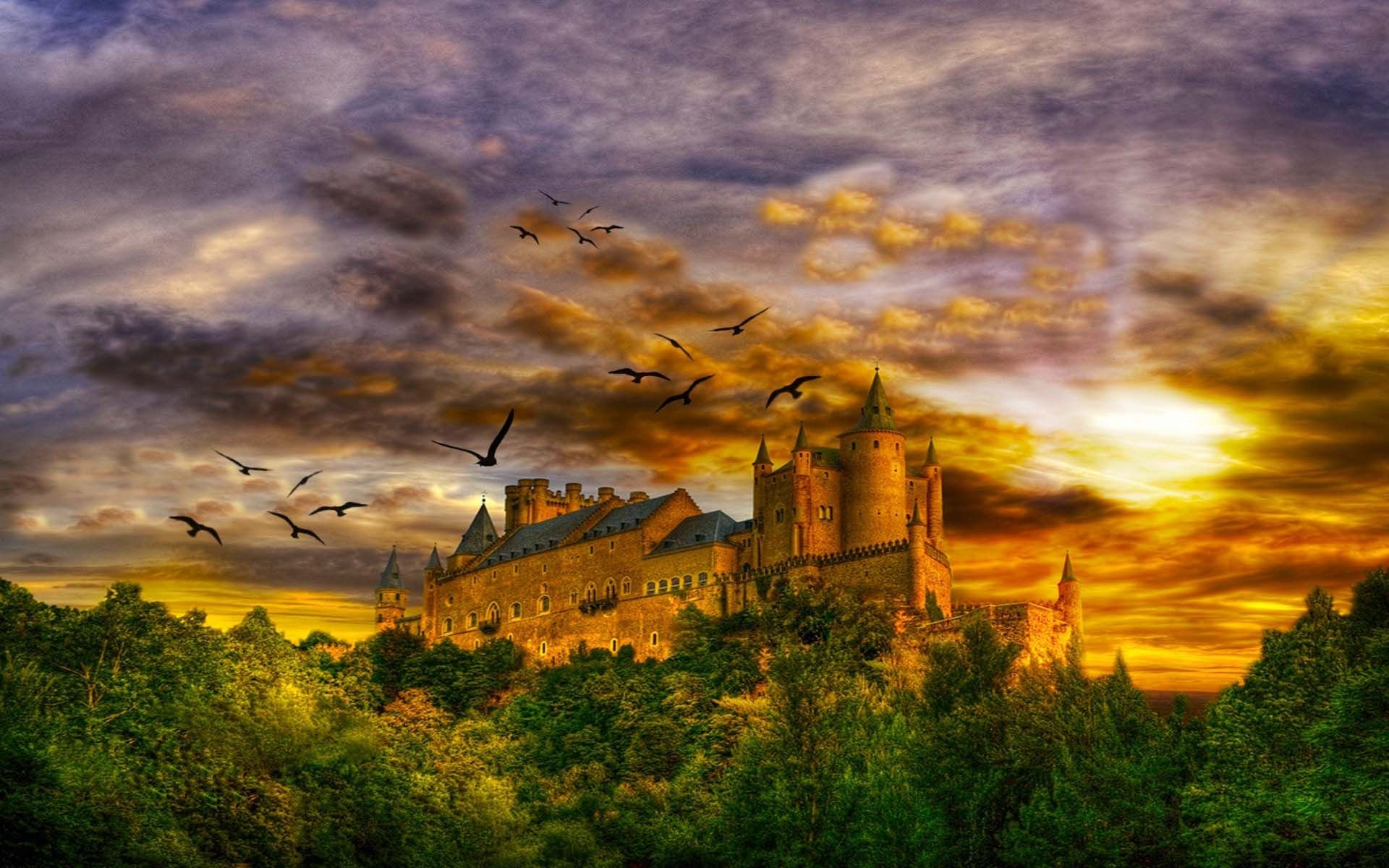 Golden castles. Замок на закате. Сказочный средневековый замок. Фэнтези пейзажи. Замок фэнтези.