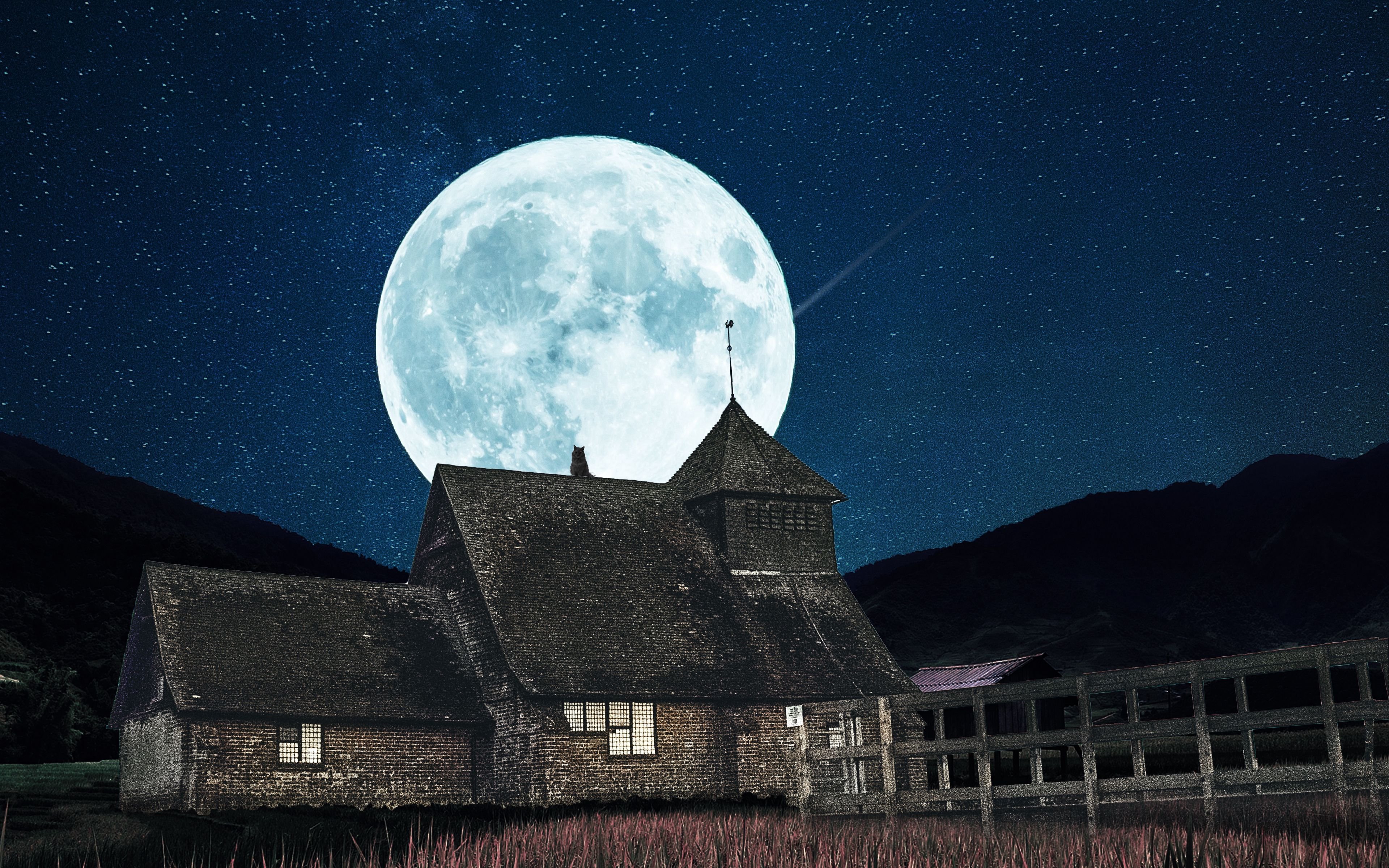 Ночь с луной 4. Ночь Луна. Лунный пейзаж. Ночь Луна дом. Ночь полнолуния.