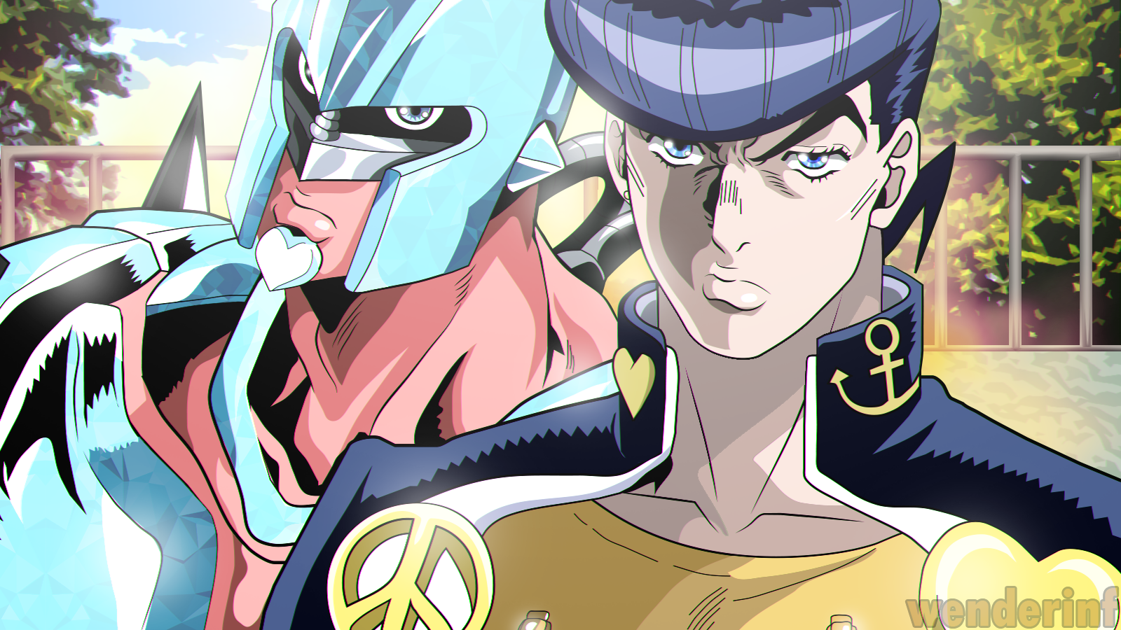 Jojo на андроид. Джоджо 1600x900. Josuke Higashikata Voice actor. Лука слезящийся глаз Джоджо. Джоске Хигашиката обои на ПК.