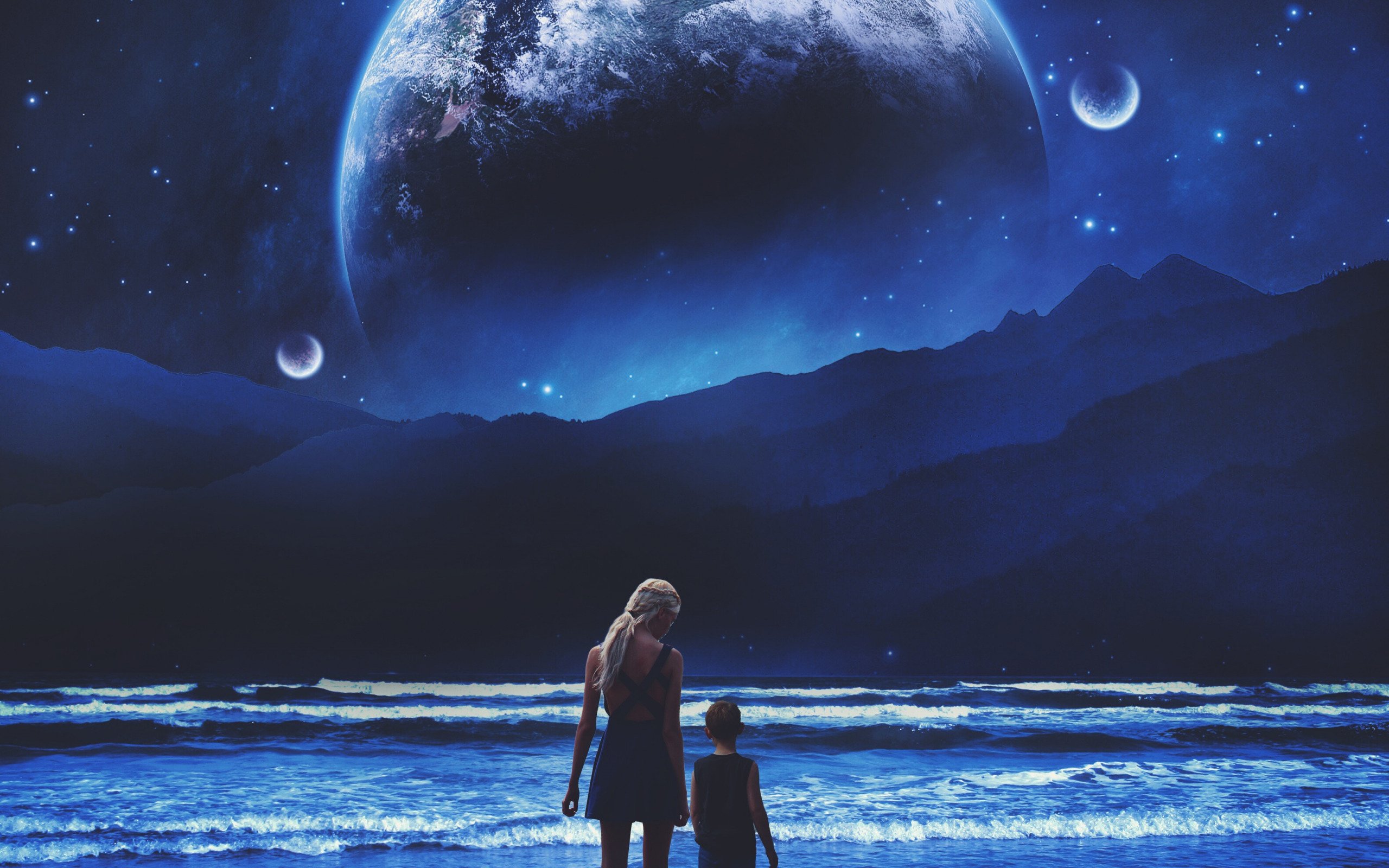 Сыну день и ночь. Фантастическое ночное небо. Фантастическое ночное небо и девушка. Космические пейзажи с людьми. Ночь на другой планете.