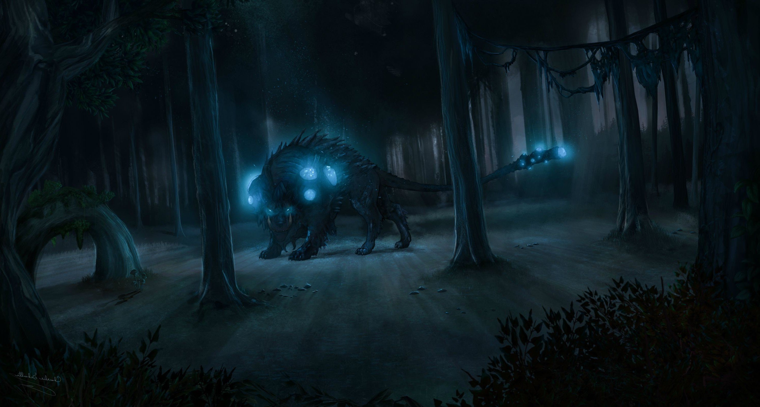 Заколдованный волк. Ночной лес арт. Сумеречный лес фэнтези. Страшный лес фэнтези. Темный лес арт.
