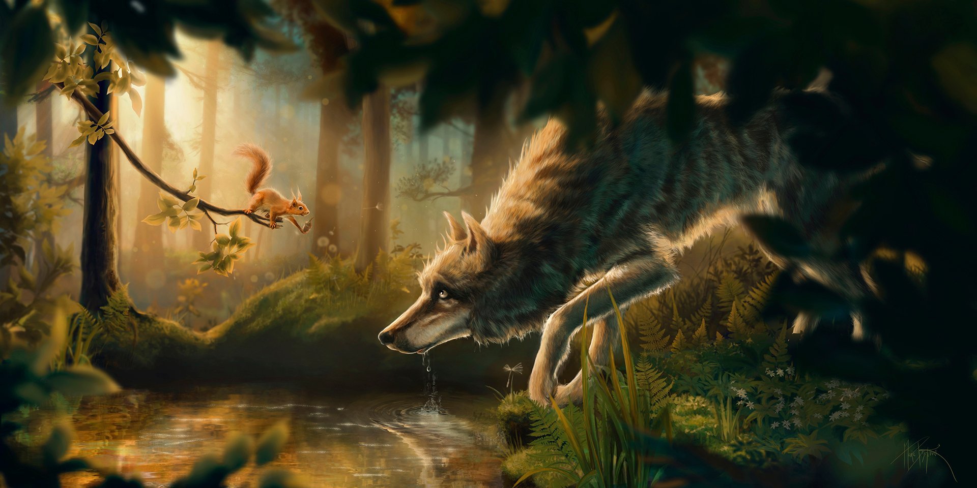 Заколдованный волк. Художник Marie Beschorner. Фэнтези животные. Волк фэнтези. Сказочный лес с волками.