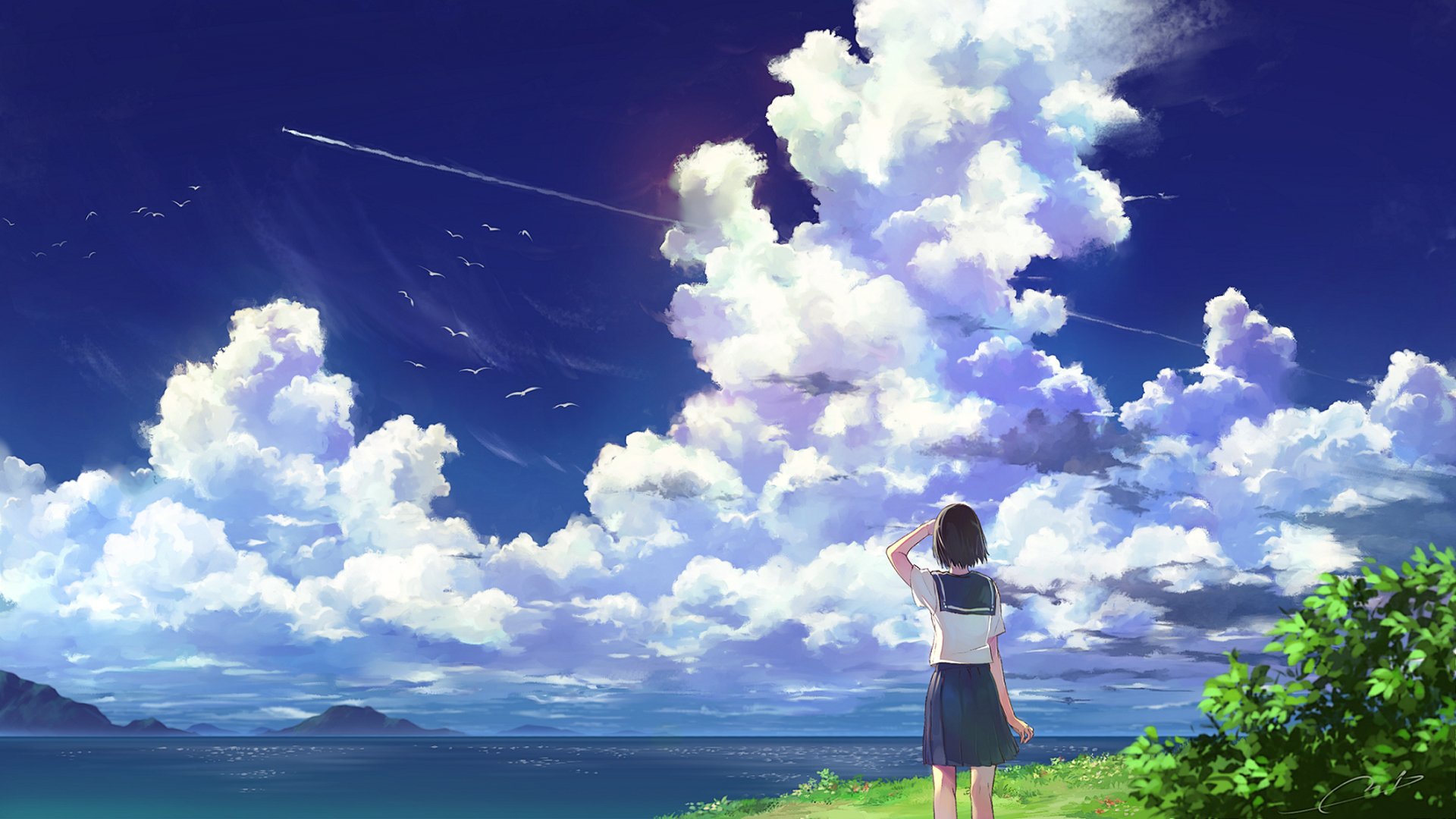 Голосом твоим небо. Аниме пейзаж. Аниме небо. Аниме облака. Аниме пейзаж с девушкой.