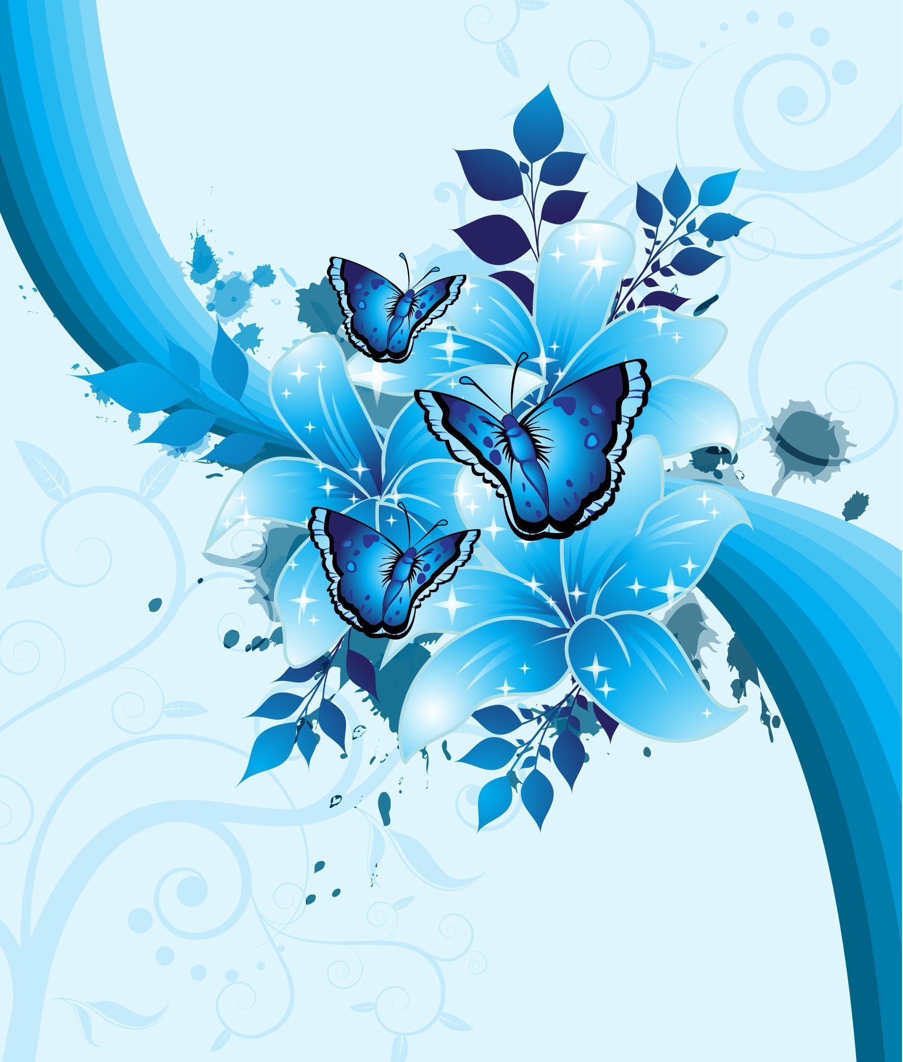 Голубые бабочки фон. Голубые цветы. Голубые узоры. Синий узор. Абстракция в голубых тонах.